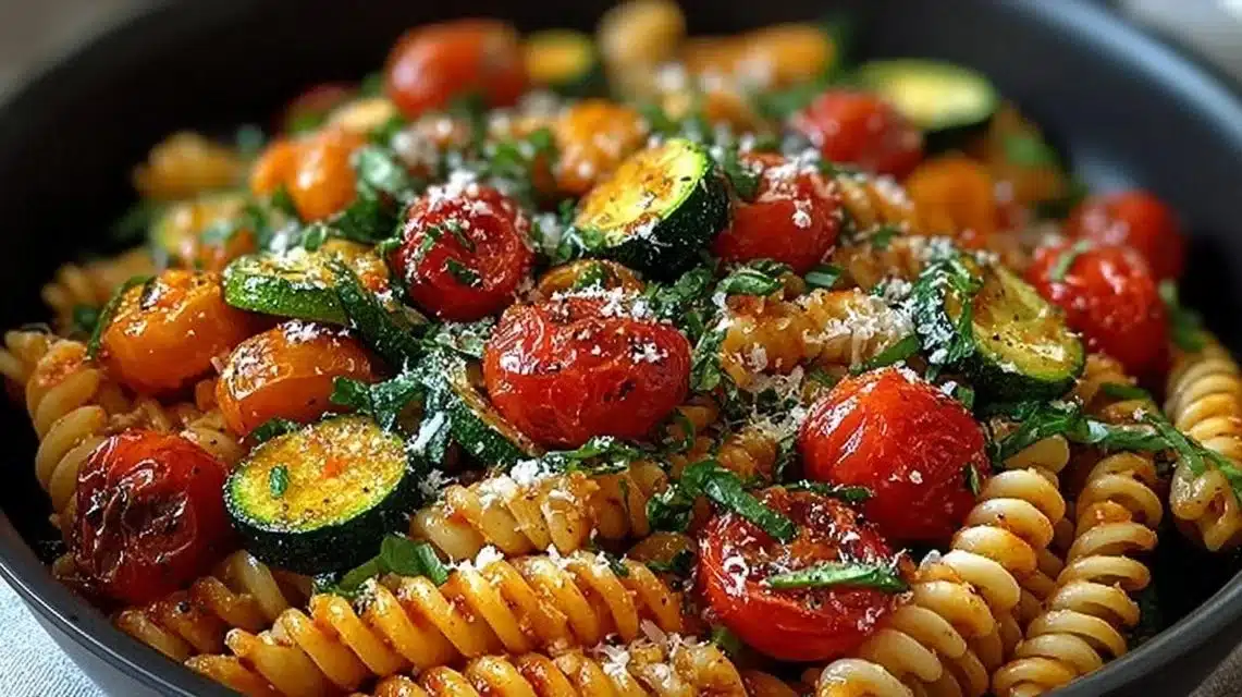 The Best Tomato Zucchini Pasta for Busy Nights 1 Plate of Tomato Zucchini Pasta garnished with herbs and served with cheese