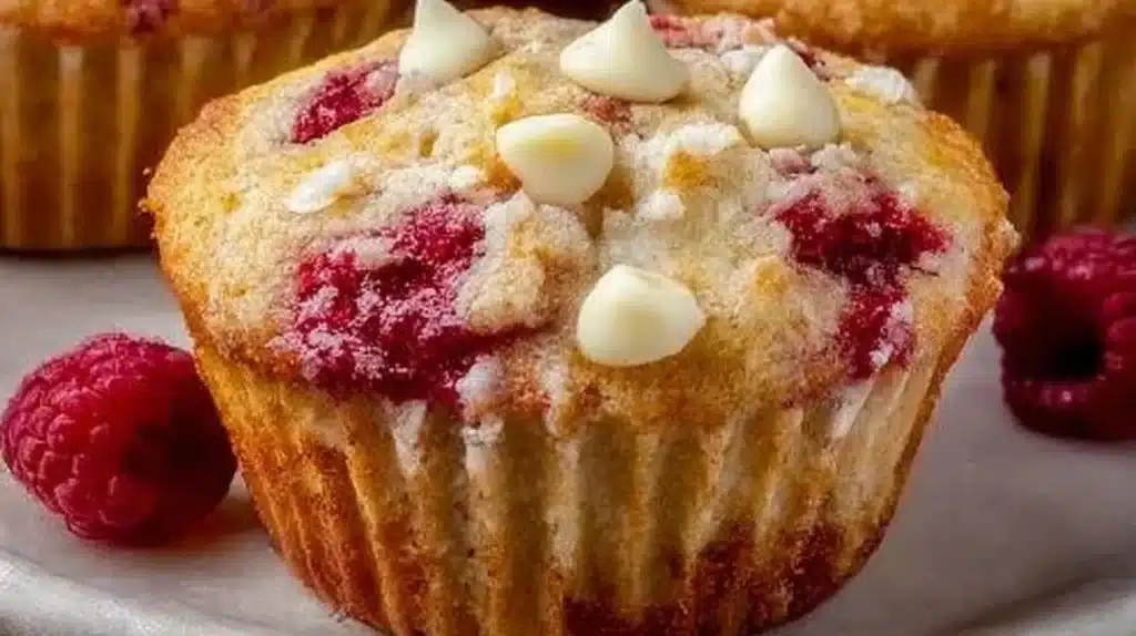 Delicious white chocolate raspberry muffins fresh from the oven