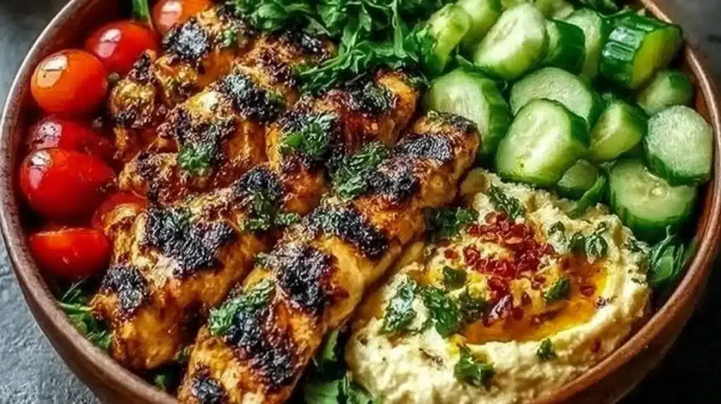 Zesty lemon chili grilled chicken bowls served with cucumber salad