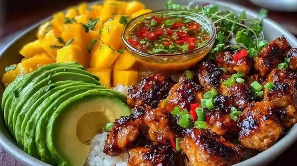 BBQ chicken mango bowl served in a vibrant dish with fresh mango and grilled chicken.