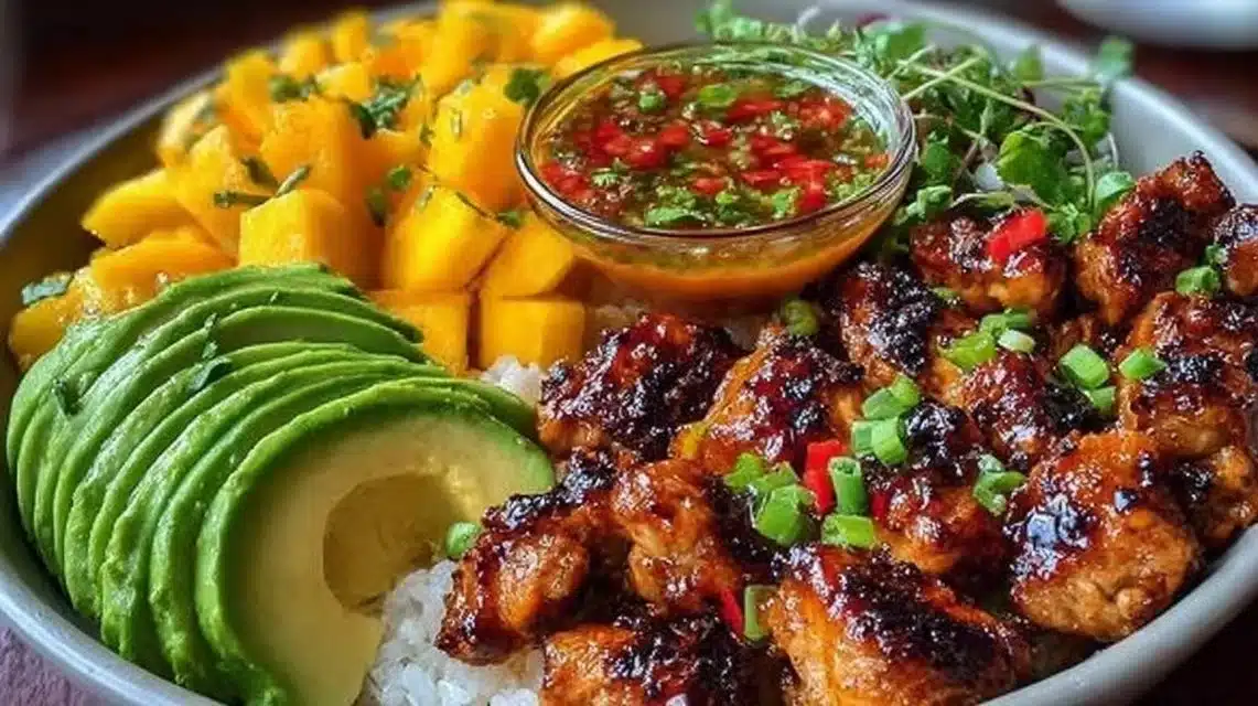 BBQ chicken mango bowl served in a vibrant dish with fresh mango and grilled chicken.