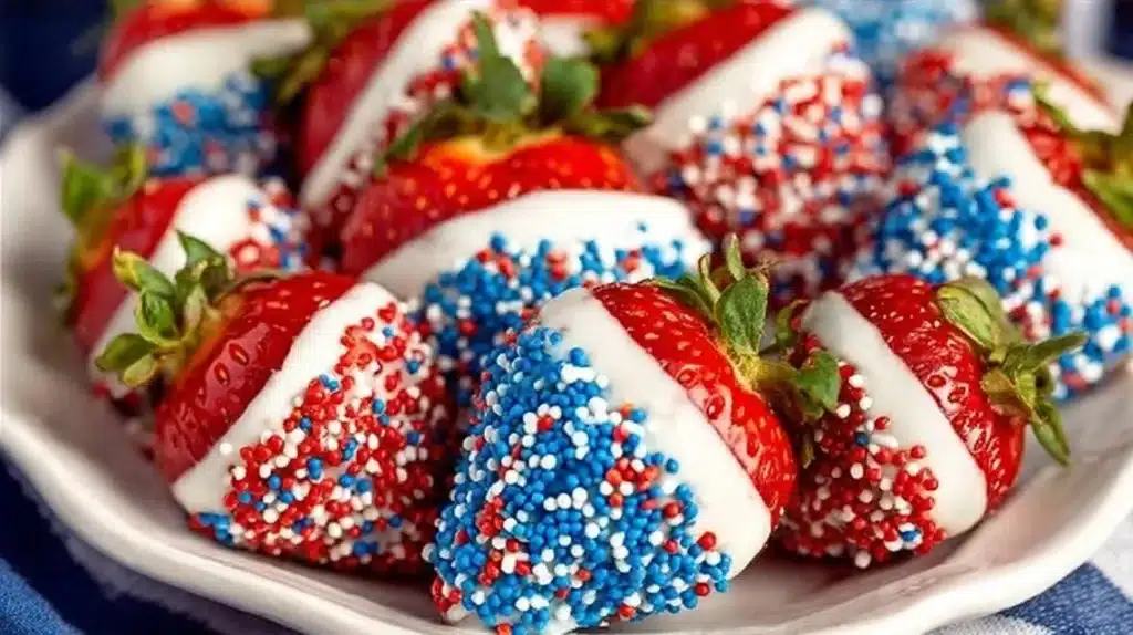 Festive 4th of July chocolate covered strawberries on a decorated table.