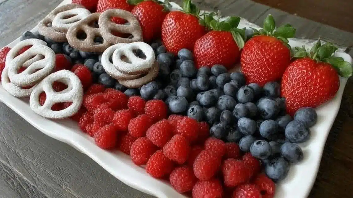 4th of July themed fruit platter with red, white, and blue fruits