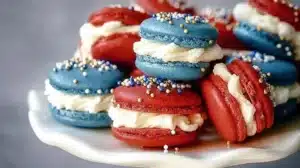 Colorful 4th of July macarons on a festive table for Independence Day celebrations.