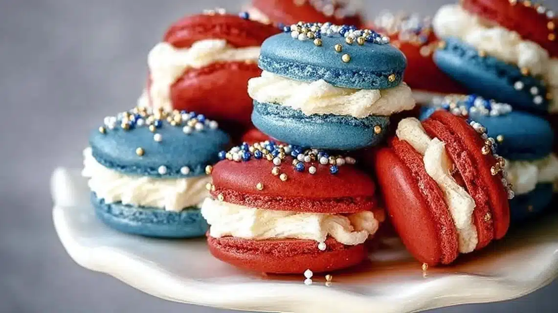 Colorful 4th of July macarons on a festive table for Independence Day celebrations.