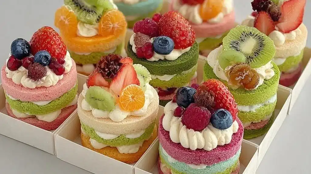 Assorted bento cakes decorated with colorful frosting and toppings