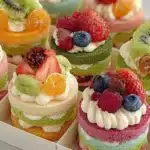 Assorted bento cakes decorated with colorful frosting and toppings
