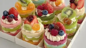Assorted bento cakes decorated with colorful frosting and toppings