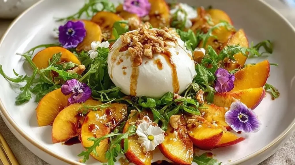 Delicious Peach Burrata Salad with fresh peaches and creamy burrata cheese