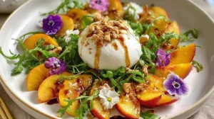 Delicious Peach Burrata Salad with fresh peaches and creamy burrata cheese
