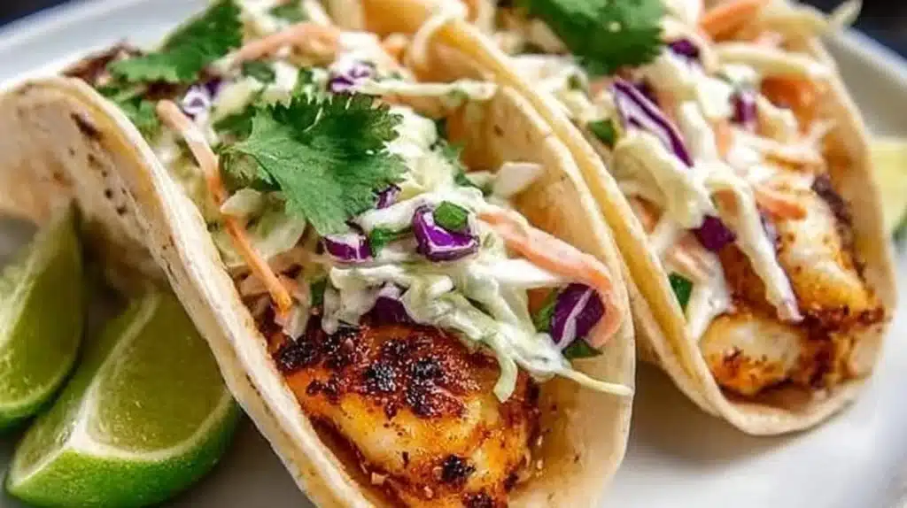 Crispy air fryer fish tacos served with cilantro lime slaw on a plate