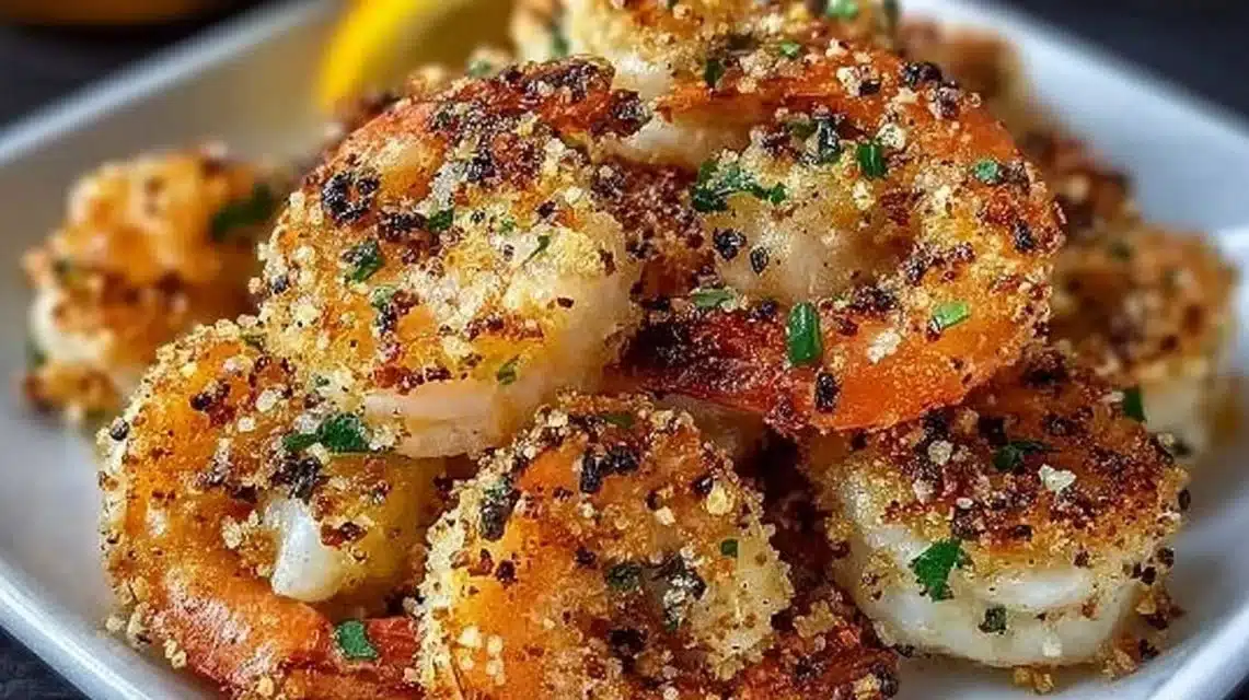 Air Fryer Garlic Parmesan Shrimp served in a bowl with garnish