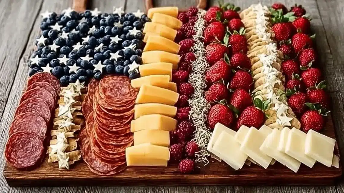 American Flag charcuterie board with cheese, meats, and fruits