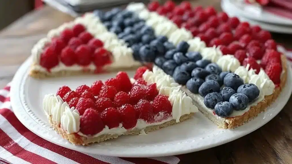 Colorful American Flag Fruit Pizza with fresh fruit toppings on a cookie crust