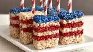 American Flag Rice Krispie Treats with red, white, and blue colors