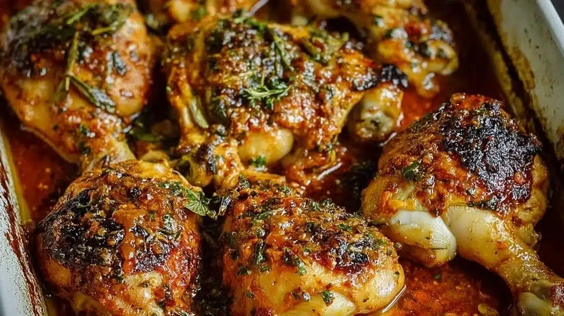 Baked Lemon Butter Chicken garnished with herbs on a plate