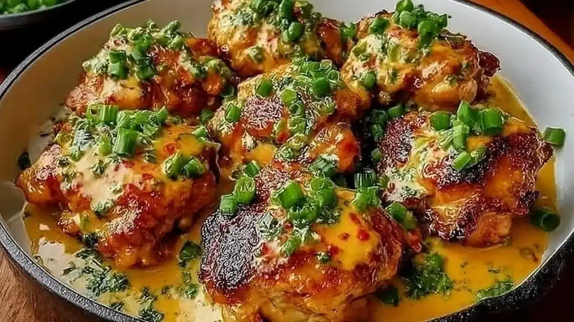 Delicious Bang Bang Chicken Thighs served with a creamy sauce