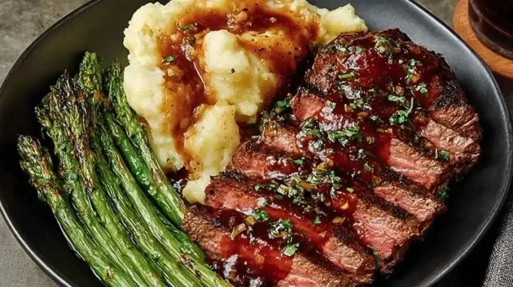 Bavette steak topped with roasted garlic pan sauce on a plate
