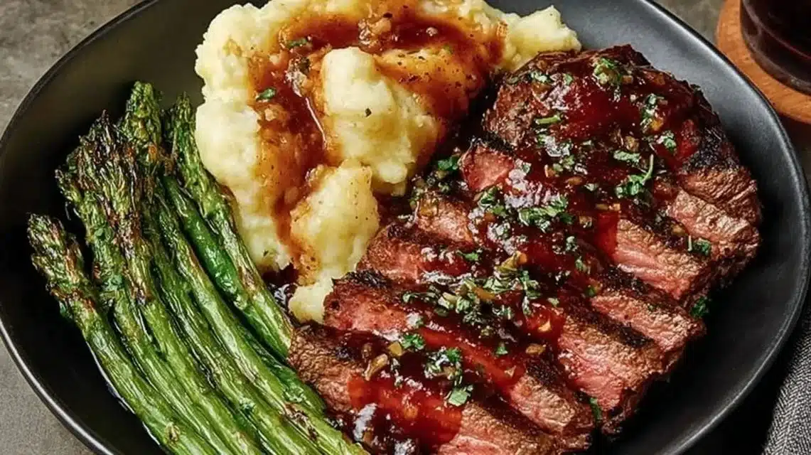 Bavette steak topped with roasted garlic pan sauce on a plate