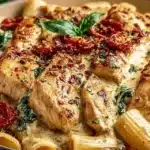 Plate of creamy Tuscan chicken pasta garnished with herbs and tomatoes.