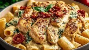 Plate of creamy Tuscan chicken pasta garnished with herbs and tomatoes.