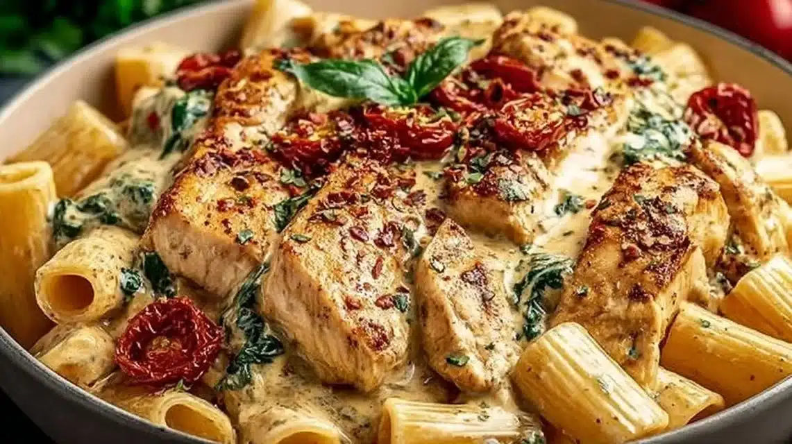 Quick Best Tuscan Chicken Pasta Ready in 30 Minutes 1 Plate of creamy Tuscan chicken pasta garnished with herbs and tomatoes.