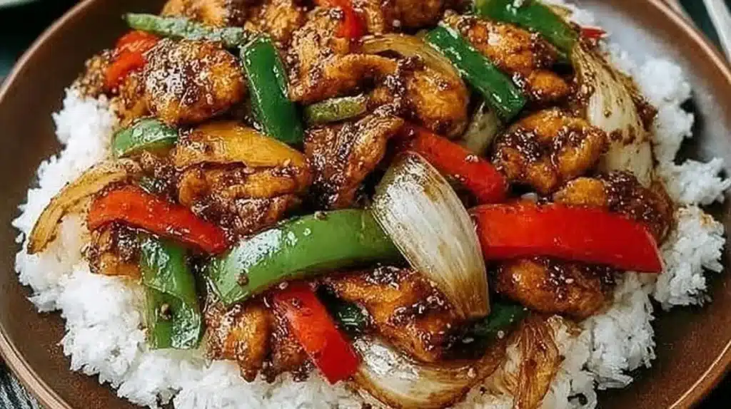 Delicious black pepper chicken dish garnished with fresh herbs.