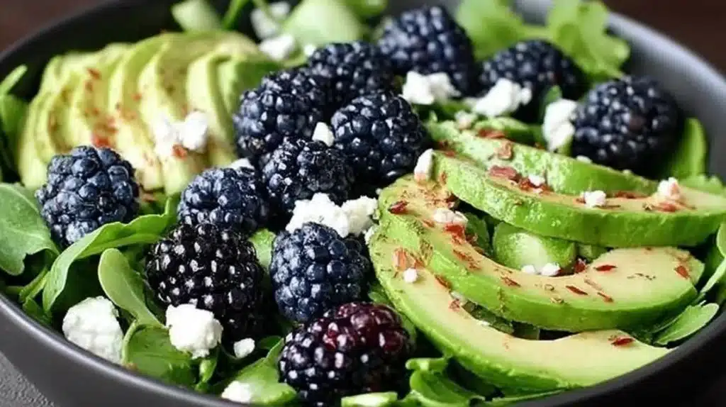 A vibrant blackberry avocado salad with greens and toppings for a healthy meal.