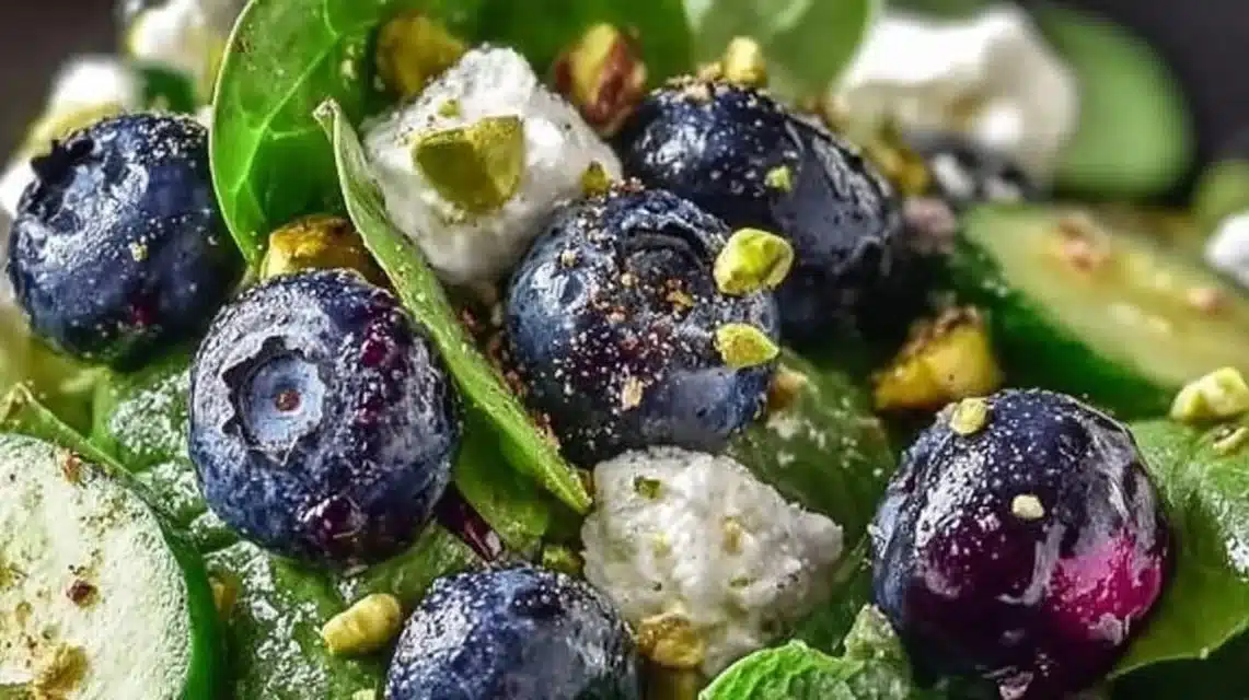 Blueberry Pistachio Spring Salad with fresh ingredients in a bowl