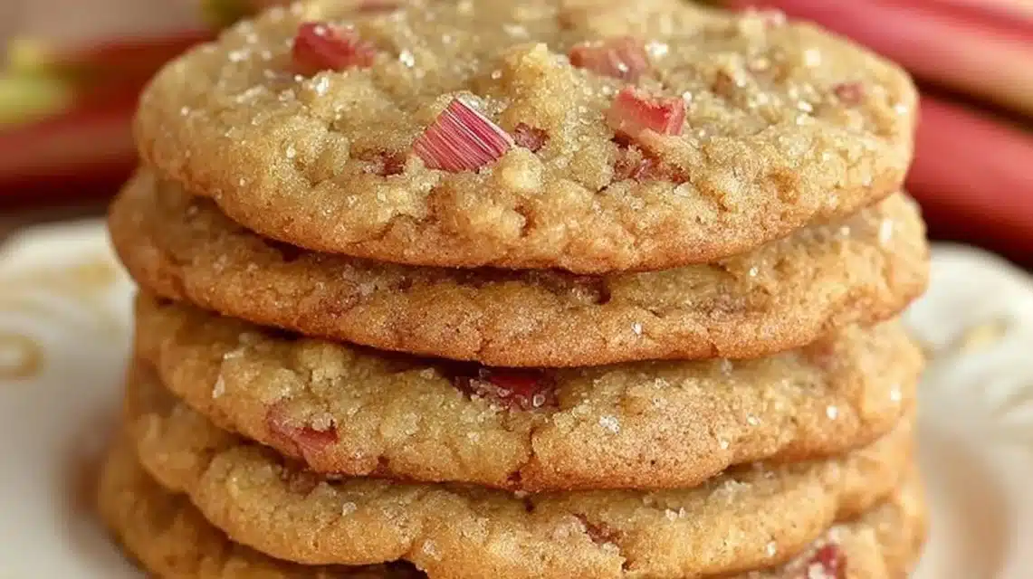 Freshly baked Brown Sugar Rhubarb Cookies on a cooling rack