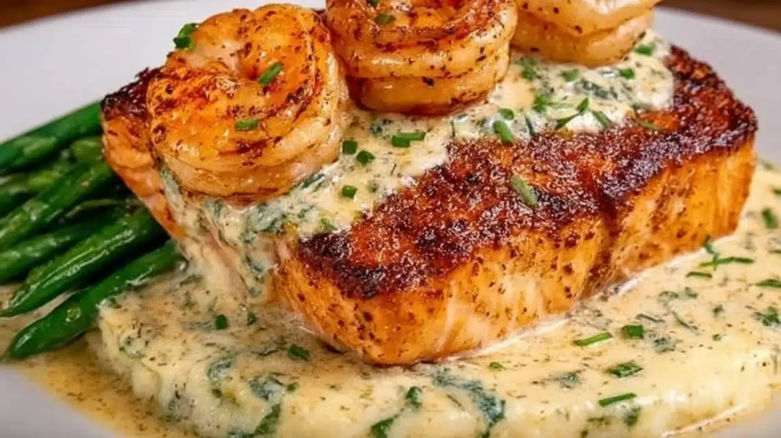 Cajun shrimp and salmon with garlic cream sauce garnished with herbs