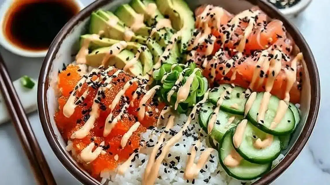 California Roll Sushi Bowls topped with fresh ingredients and vibrant colors.