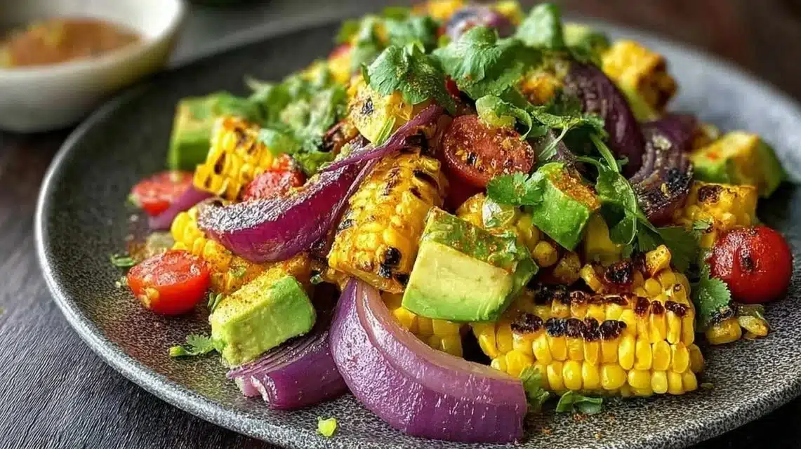 Charred corn avocado salad with roasted red onions served in a bowl