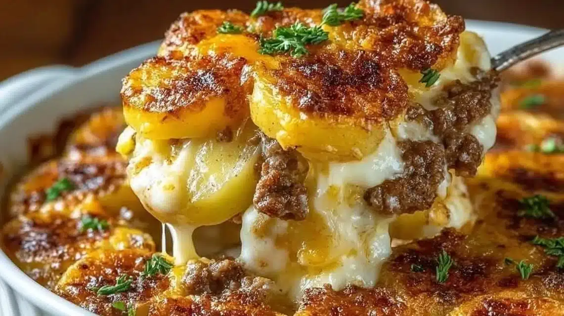 Delicious cheesy hamburger potato casserole baked with layers of flavor