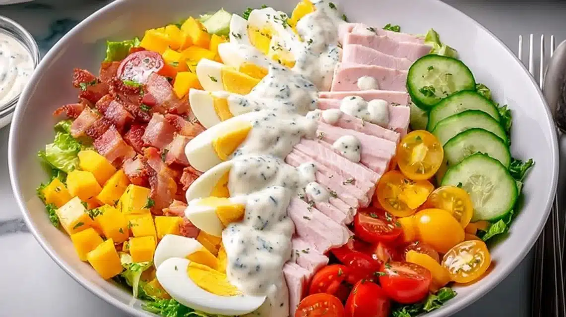 A vibrant Chef Salad featuring lettuce, tomatoes, cucumbers, and various toppings.