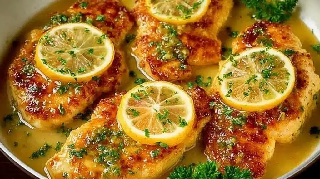 Plate of Chicken Francese with lemon butter sauce and garnish.