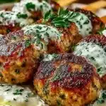 Delicious Chicken Kofta garnished with fresh herbs served with Garlic Yogurt Sauce.