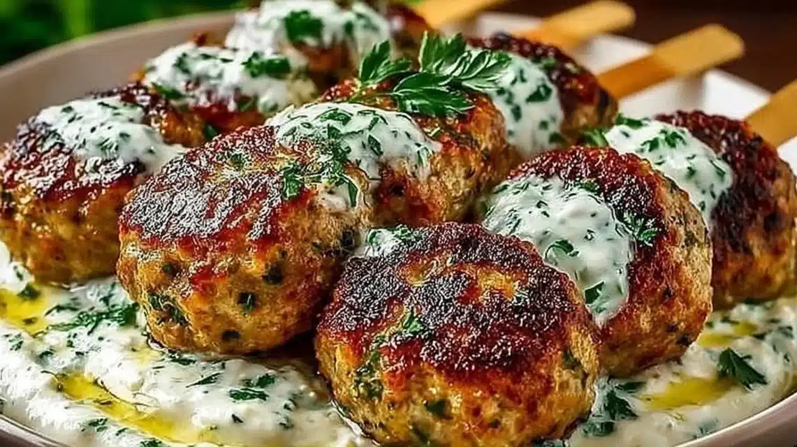 Delicious Chicken Kofta garnished with fresh herbs served with Garlic Yogurt Sauce.