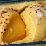 Chili Lime Mango Sorbet in a bowl garnished with lime slices