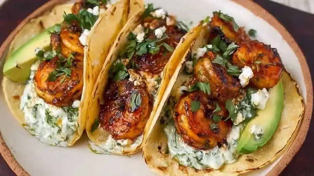 Cilantro lime shrimp tacos with creamy slaw served on a plate