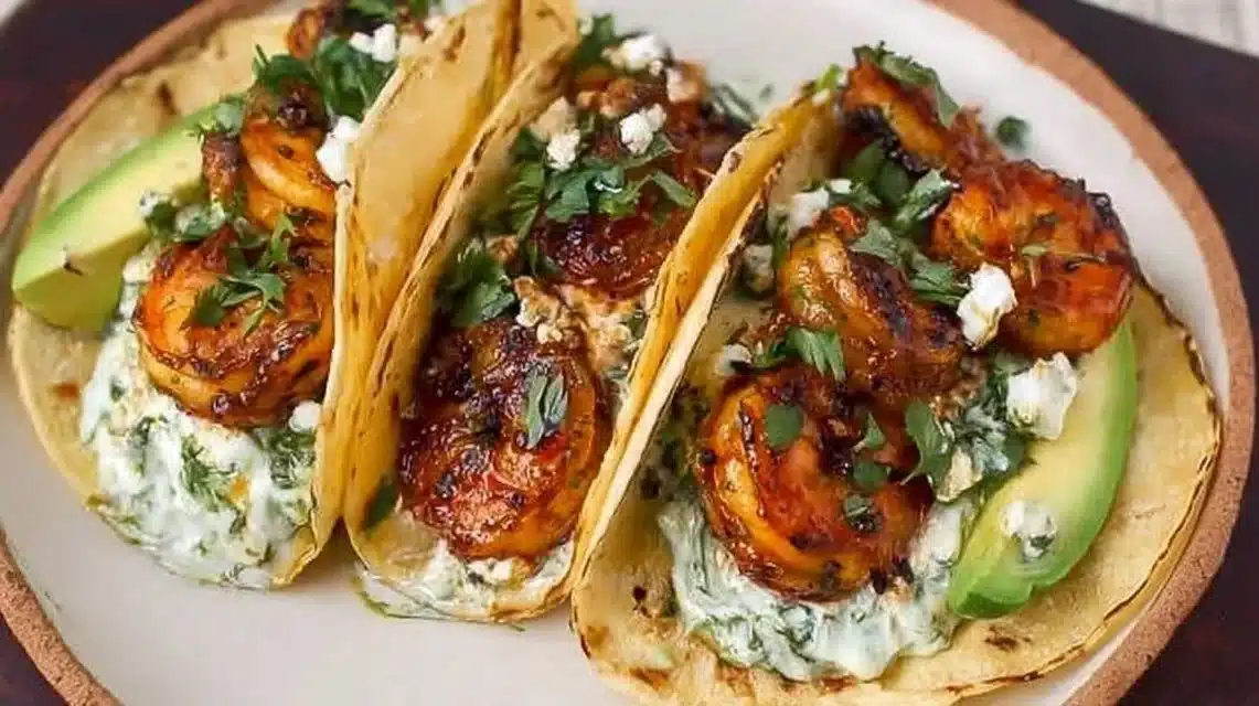 Best Cilantro Lime Shrimp Tacos with Creamy Slaw at Home 1 Cilantro lime shrimp tacos with creamy slaw served on a plate
