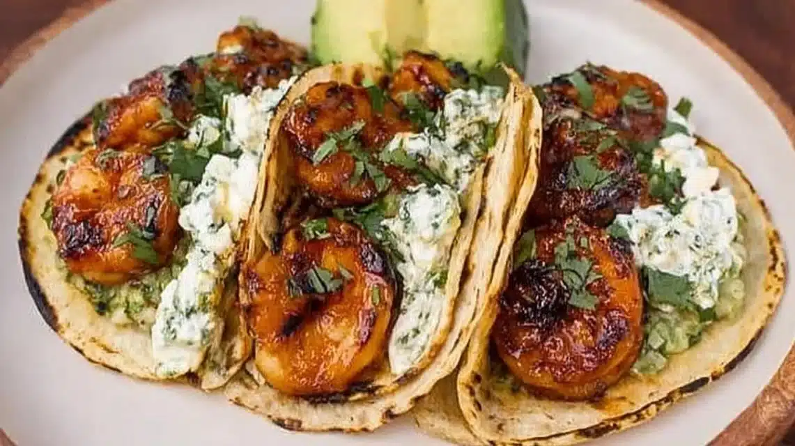 Cilantro lime shrimp tacos topped with creamy slaw on a colorful platter