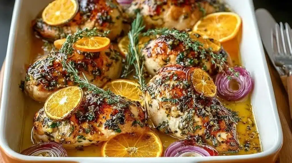 Citrus Herb Chicken breast garnished with herbs and citrus slices