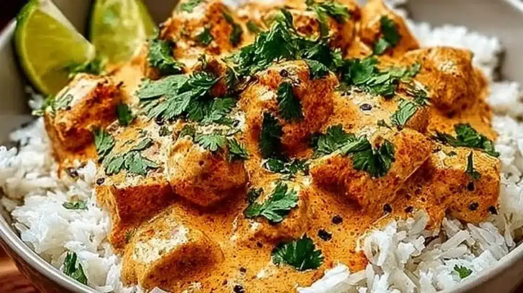 Coconut Chicken Rice Bowl showcasing creamy coconut sauce over chicken and rice