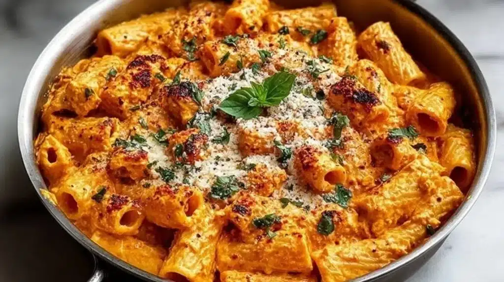Plate of Cottage Cheese Rigatoni garnished with herbs and cheese