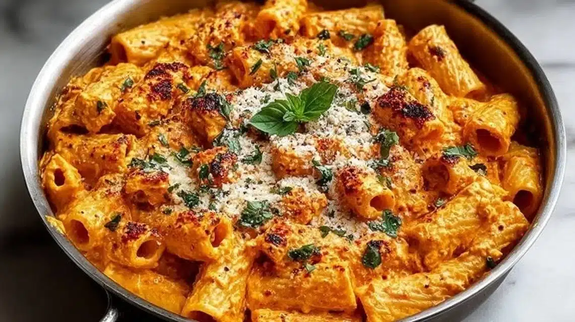 Plate of Cottage Cheese Rigatoni garnished with herbs and cheese