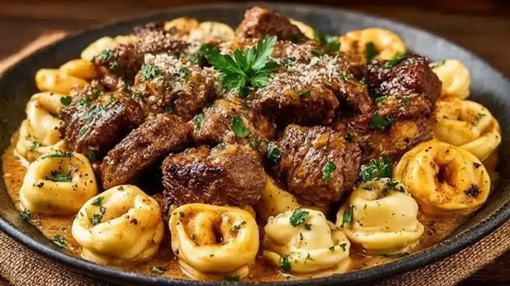 Delicious Cracked Garlic Steak Tortellini in creamy sauce