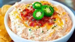 Cream Cheese Rotel Dip served in a bowl with tortilla chips