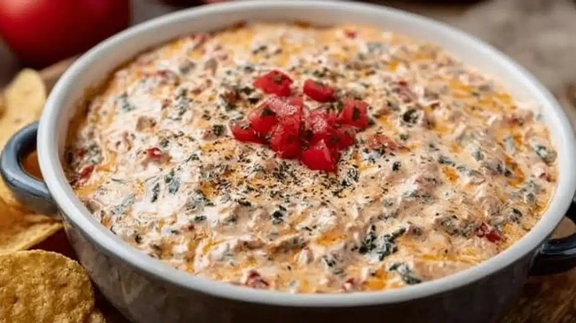 Delicious Cream Cheese Rotel Dip served in a bowl with tortilla chips.