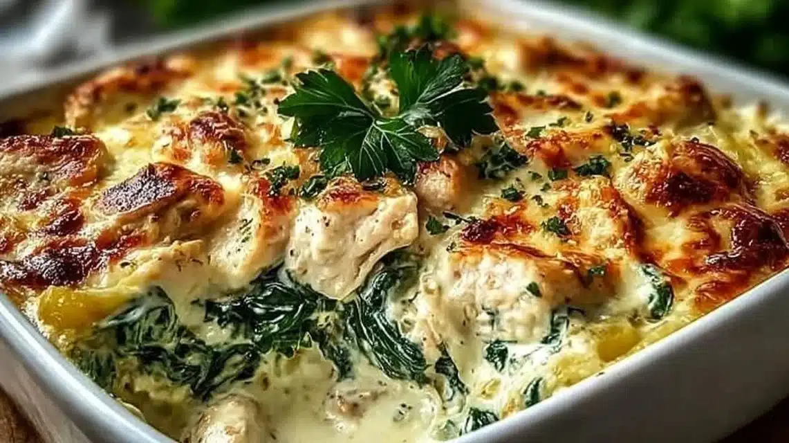 Creamy chicken and spinach casserole topped with melted cheese in a baking dish